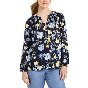 Charter Club Floral Print Georgette Blouse Blue Size Large